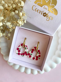 Pampilles AMBRE réversibles écru ou à rayures rose et blanc avec motifs cerises - boucles d’oreilles interchangeables