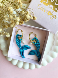 Pampilles PAOLA queue de sirène bleu lagon nacré + pampilles perle d'eau douce - boucles d’oreilles interchangeables