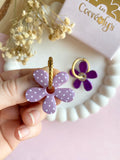 Pampilles NAÏA réversibles mauve, recto métallisé coeur pailleté et verso motifs à pois blancs - boucles d’oreilles interchangeables