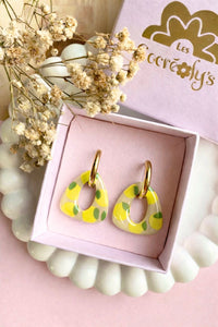 Pampilles AMBRE réversibles écru ou à rayures bleu roi et blanc avec motifs citrons - boucles d’oreilles interchangeables