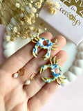 Pampilles PACO crabe motifs fleuris bleu doré + pampilles perle d'eau douce - boucles d’oreilles interchangeables