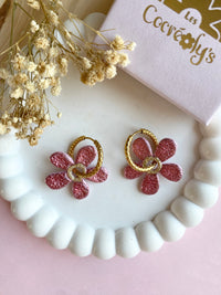 Pampilles NAÏA réversibles rose pâle, recto métallisé coeur pailleté et verso motifs à pois blancs - boucles d’oreilles interchangeables