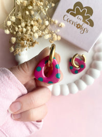 Pampilles AMBRE réversibles framboise motifs à pois vert émeraude - boucles d’oreilles interchangeables