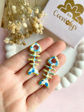 Pampilles ARÊTE de POISSON motifs fleuris bleu doré - boucles d’oreilles interchangeables
