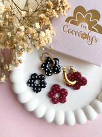 Pampilles FLORALIE réversibles noir ou bordeaux à pois - boucles d’oreilles interchangeables