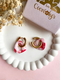 Pampilles AMBRE marbré rouge cerise, rose doux, translucide et pointe de doré - boucles d’oreilles interchangeables