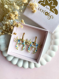 Pampilles PACO crabe motifs fleuris bleu doré + pampilles perle d'eau douce - boucles d’oreilles interchangeables