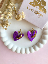 Pampilles ASTRID réversibles mauve, recto métallisé et verso motifs coeurs blancs - boucles d’oreilles interchangeables